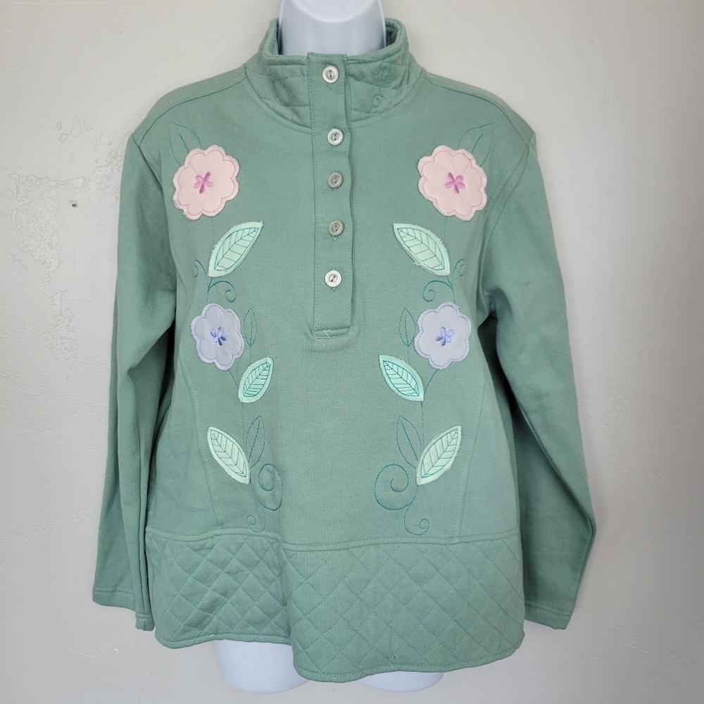 Chinawear by Morsly Vtg Small Green Pullover Sweatshirt Pink Flowers Leaf Vine